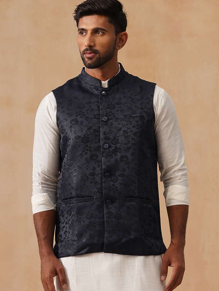 men self design mandarin neck regualr fit nehru jacket - 22026231 -  Standard Image - 2