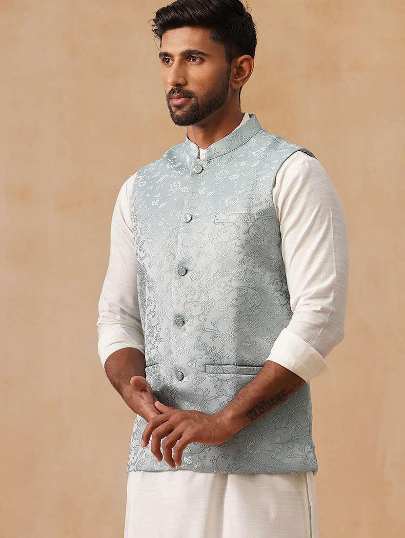 men self design mandarin neck regualr fit nehru jacket - 22026233 -  Standard Image - 2