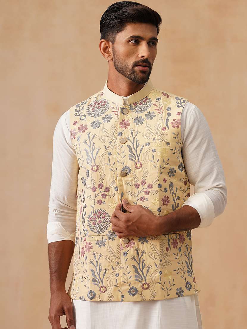 men floral mandarin neck regualr fit nehru jacket - 22026235 -  Standard Image - 2