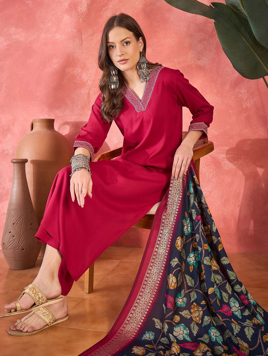 women solid three quarter sleeve kurta pant with dupatta set - 22026237 - Standard Image - 2