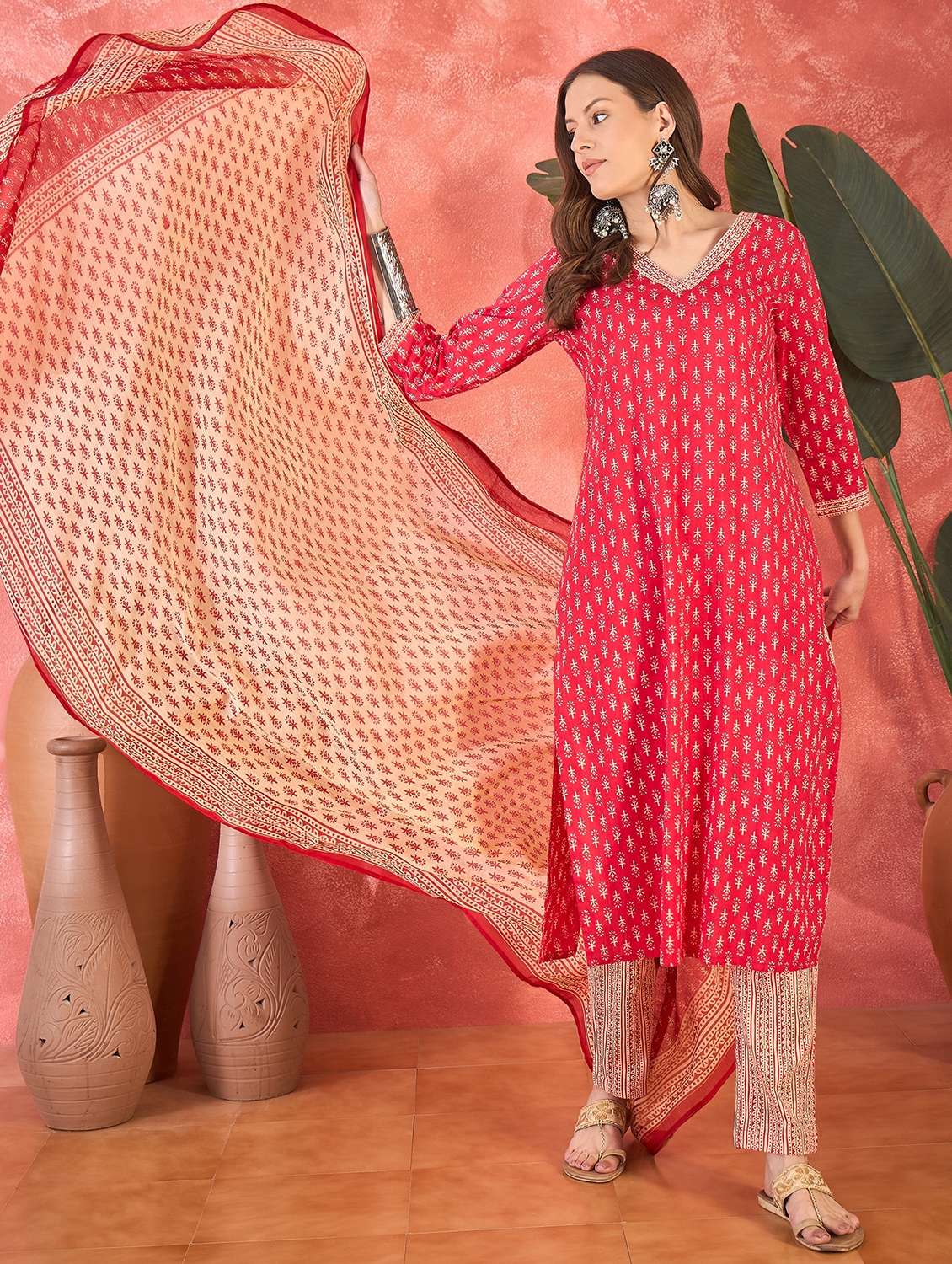 women printed three quarter sleeve kurta pant with dupatta set - 22026243 -  Standard Image - 2