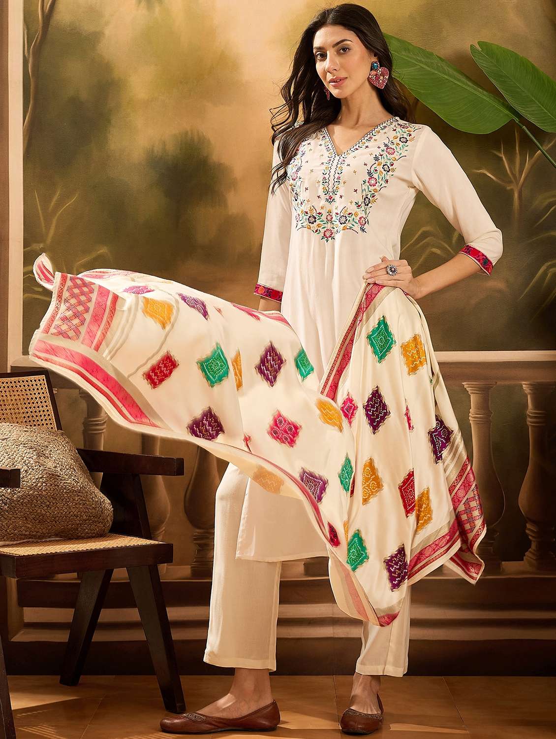 women printed three quarter sleeve kurta pant with dupatta set - 22026245 - Standard Image - 2