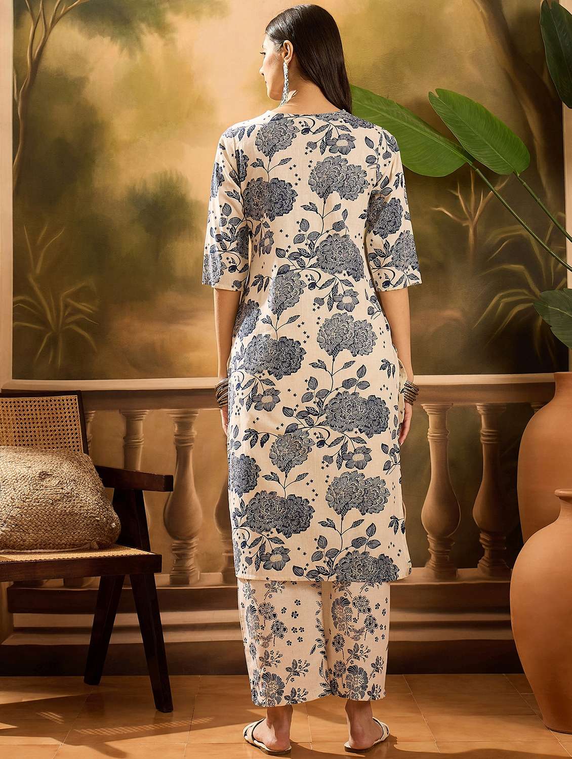 women floral printed three quarter sleeve kurta pant set - 22026250 - Standard Image - 2
