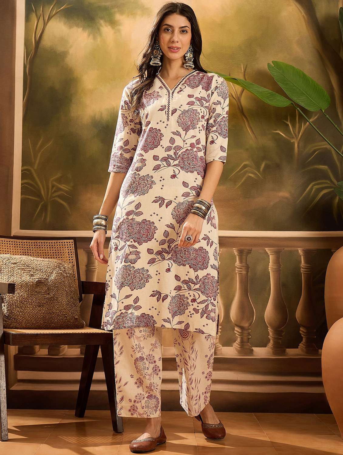 women floral printed three quarter sleeve kurta pant set