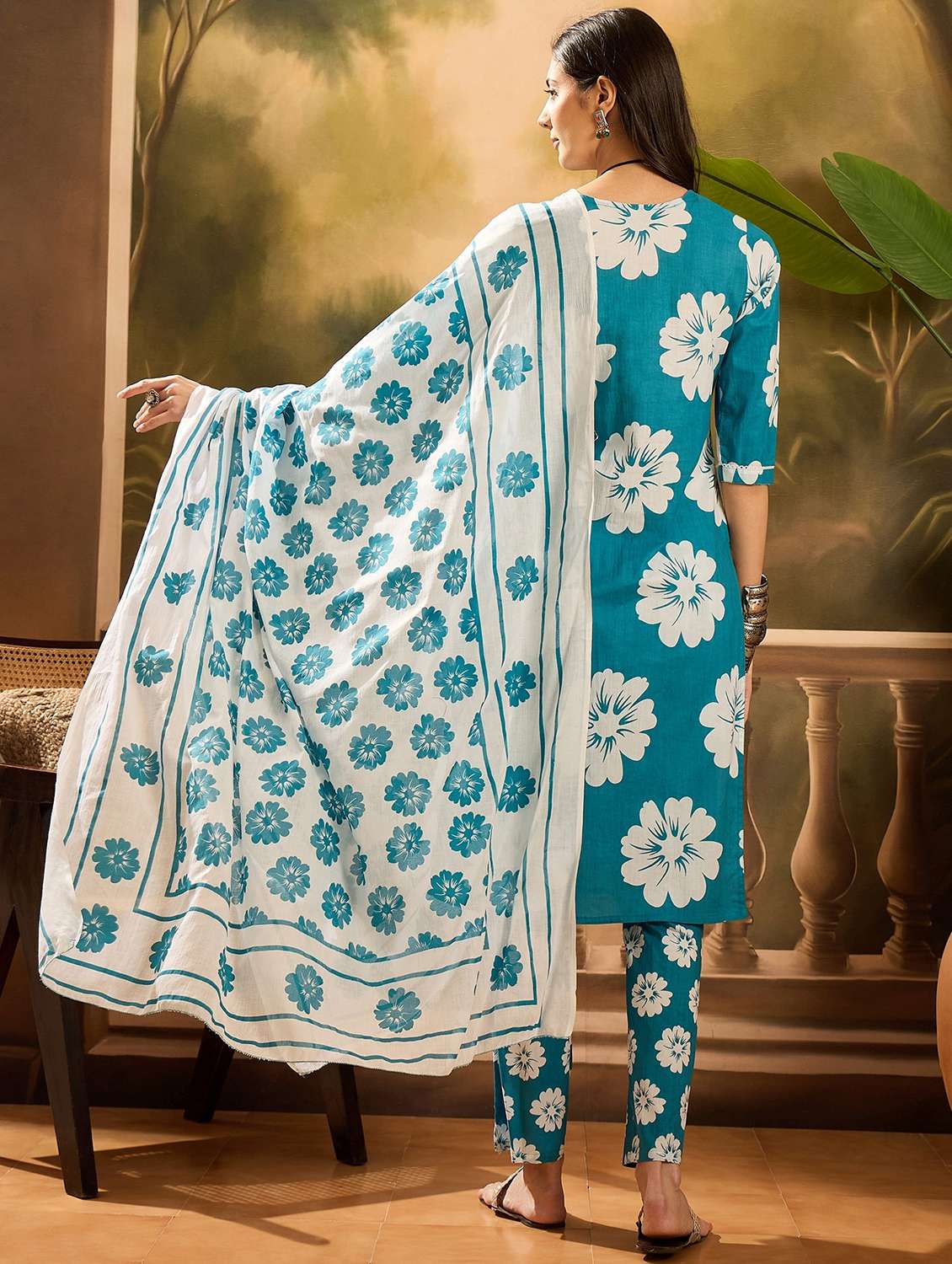 women floral printed three quarter sleeve kurta pant with dupatta set - 22026254 - Standard Image - 2