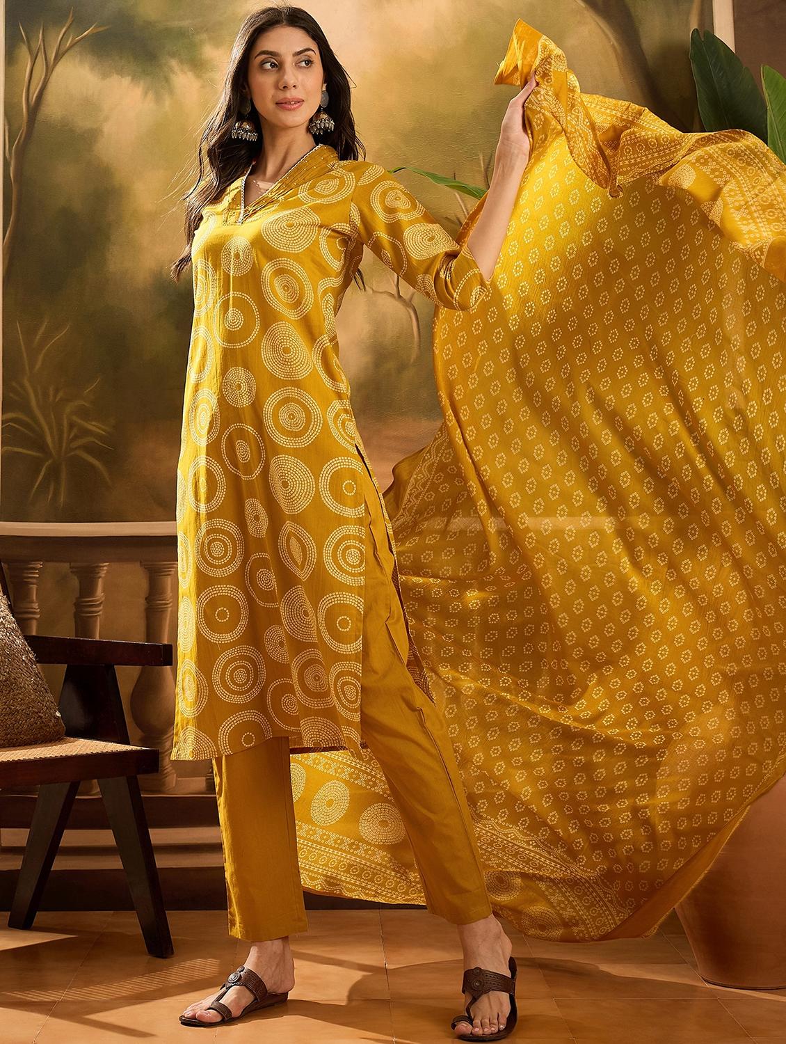 women printed three quarter sleeve kurta pant with dupatta set - 22026259 - Standard Image - 2