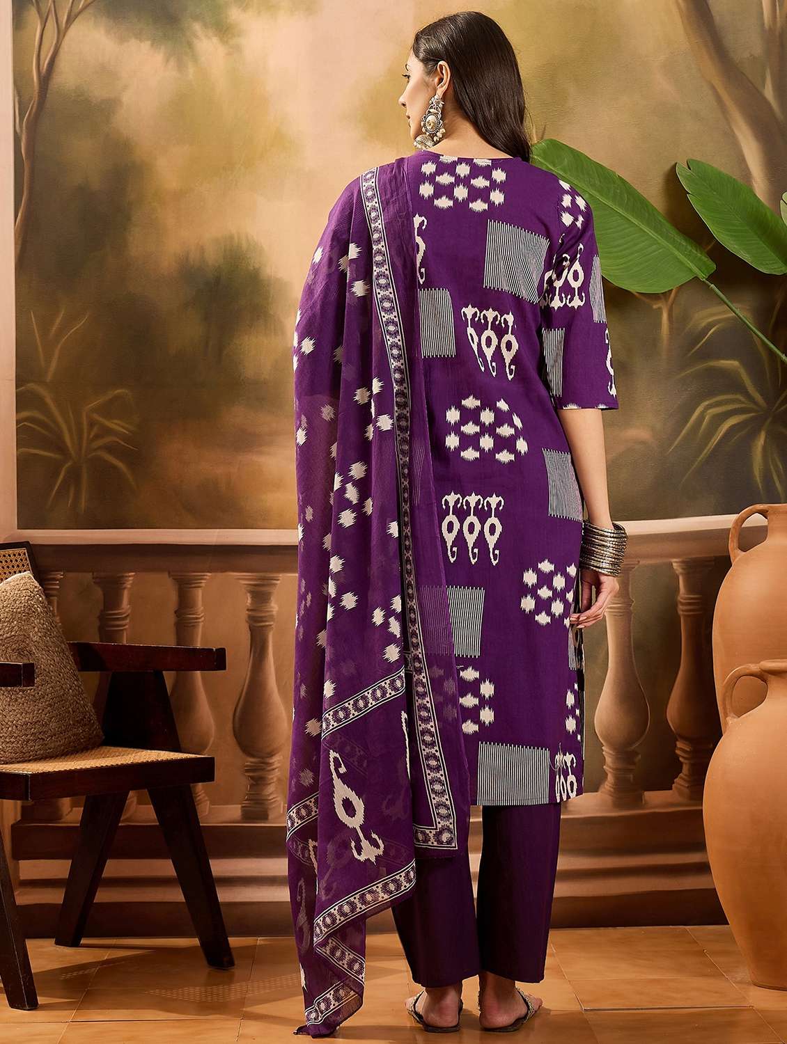women printed three quarter sleeve kurta pant with dupatta set - 22026263 - Standard Image - 2