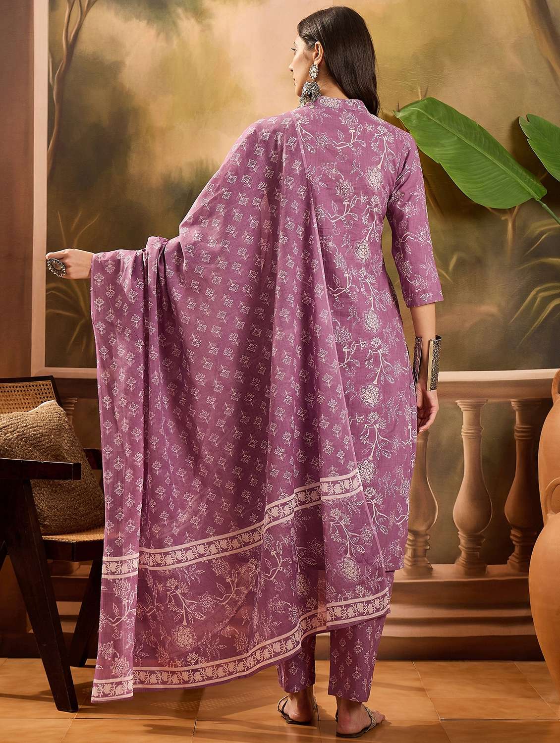 women printed three quarter sleeve kurta pant with dupatta set - 22026266 - Standard Image - 2