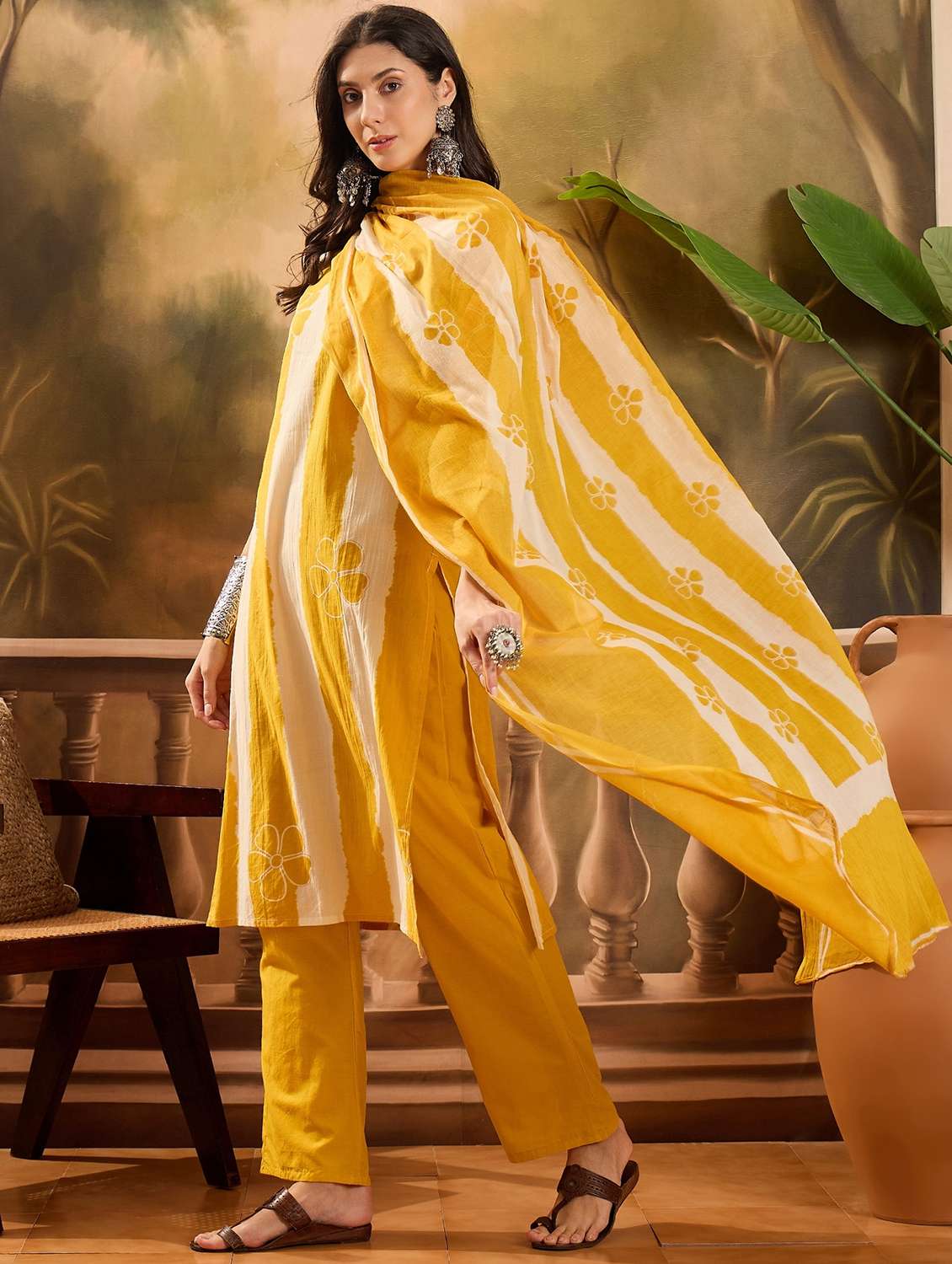 women striped three quarter sleeve kurta pant with dupatta set - 22026269 - Standard Image - 2