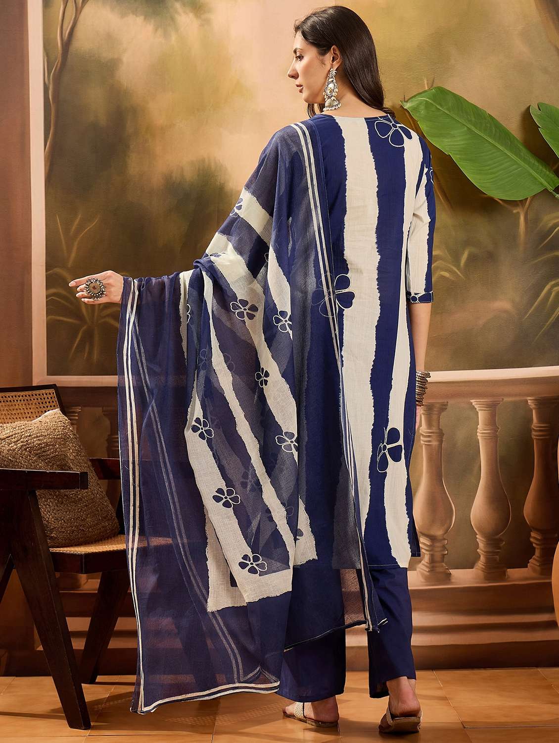 women striped three quarter sleeve kurta pant with dupatta set - 22026270 -  Standard Image - 2