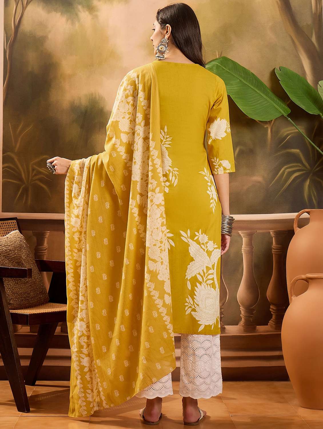 women floral printed three quarter sleeve kurta pant with dupatta set - 22026273 - Standard Image - 2