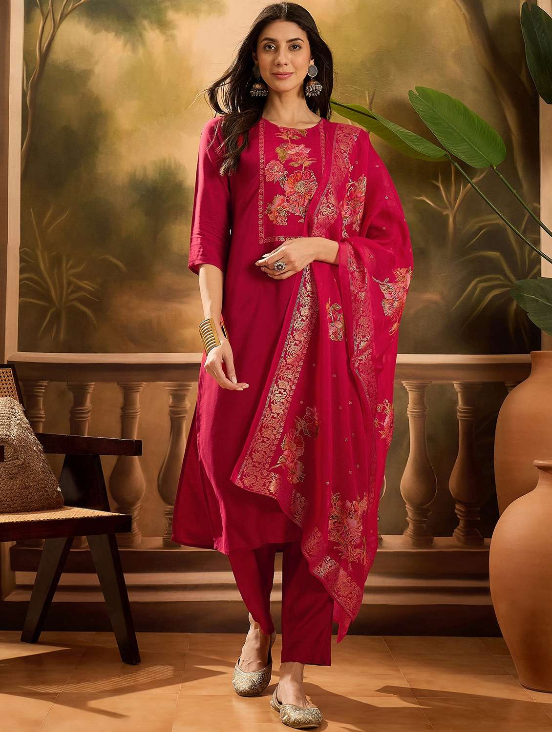 women floral printed three quarter sleeve kurta pant with dupatta set