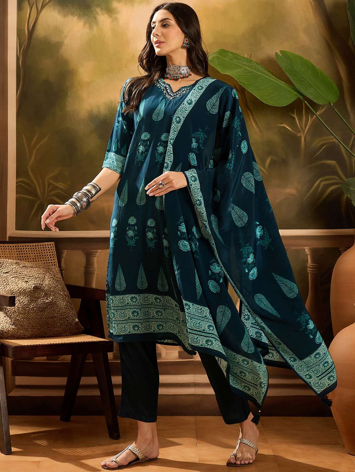 women printed three quarter sleeve kurta pant with dupatta set - 22026278 - Standard Image - 2