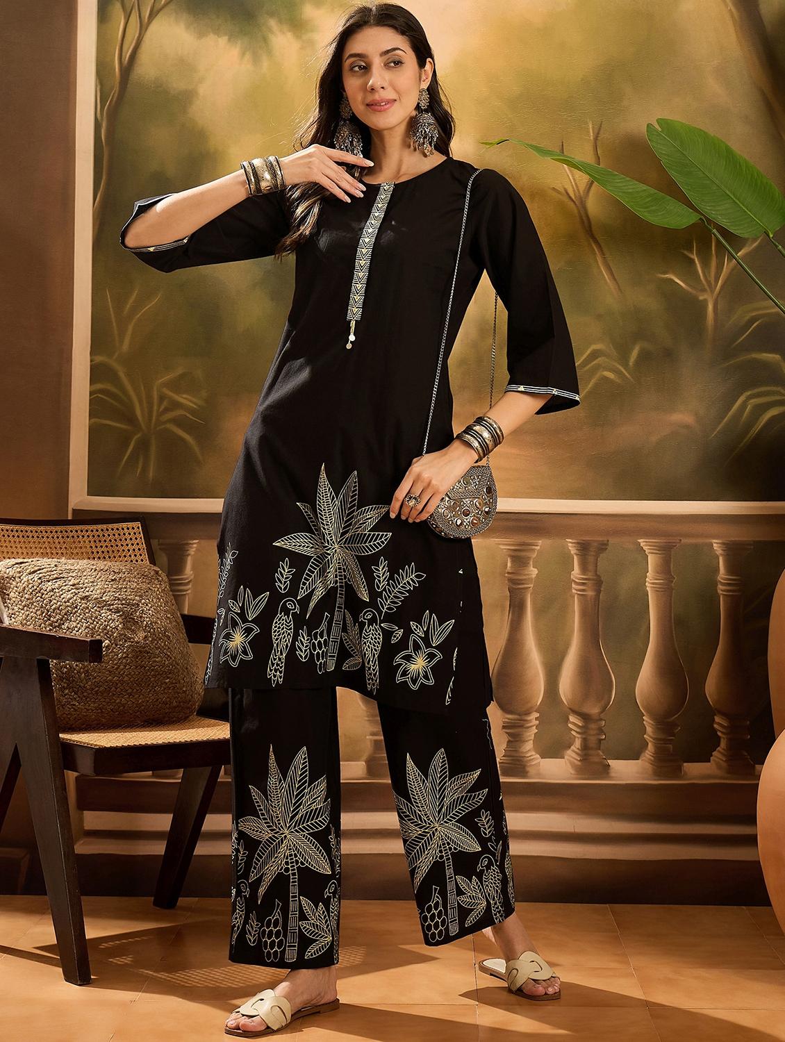 women printed three quarter sleeve kurta pant set - 22026279 - Standard Image - 2