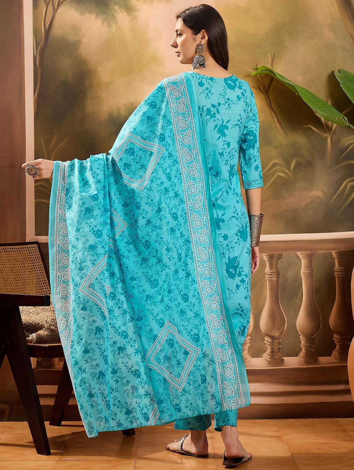 women printed three quarter sleeve kurta pant with dupatta set - 22026288 - Standard Image - 2