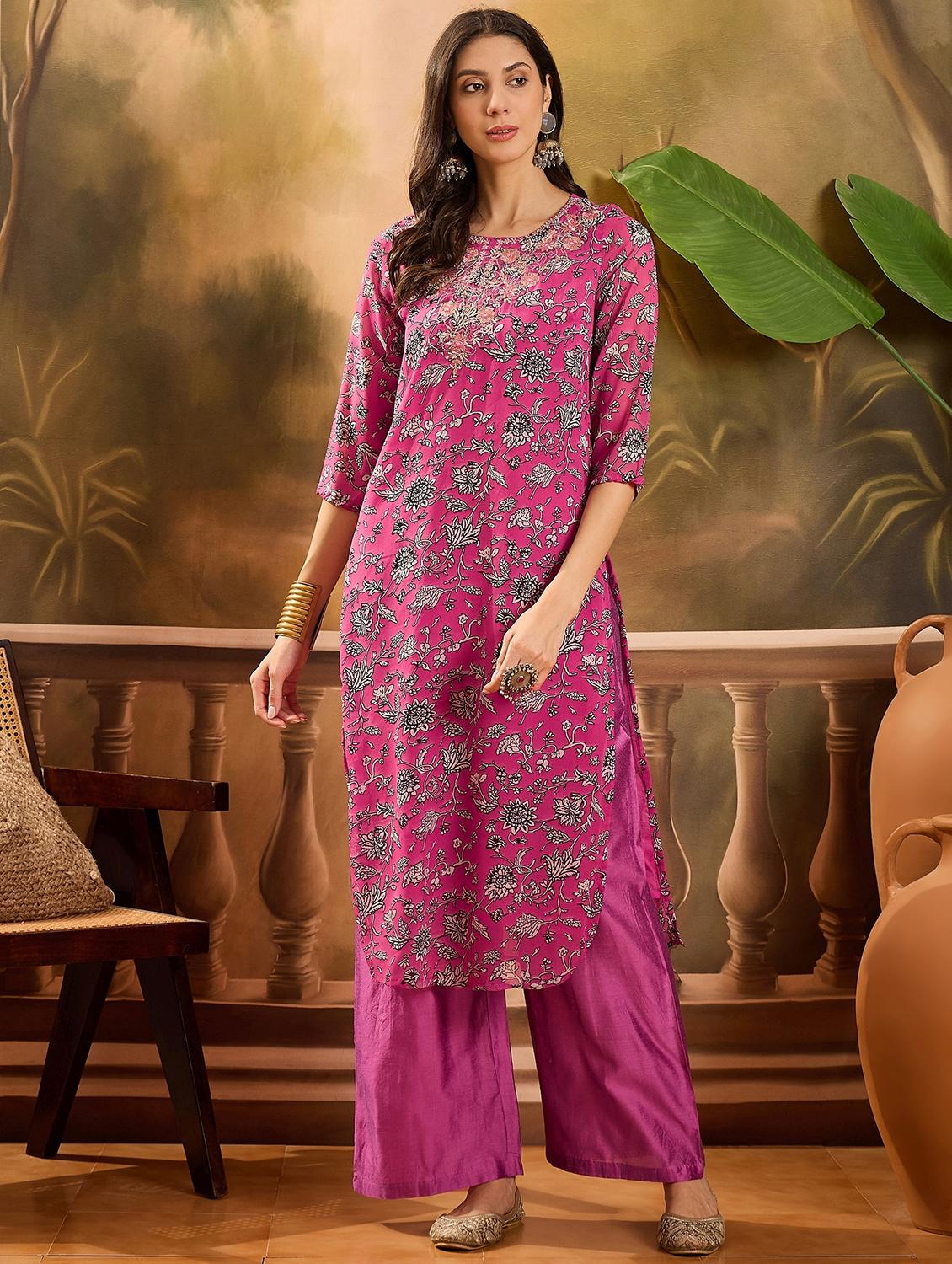 women floral printed three quarter sleeve kurta palazzo set - 22026291 - Standard Image - 2