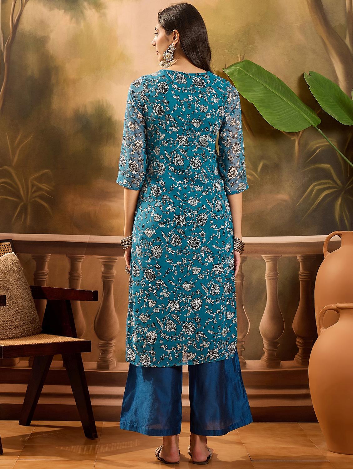 women floral printed three quarter sleeve kurta palazzo set - 22026292 - Standard Image - 2
