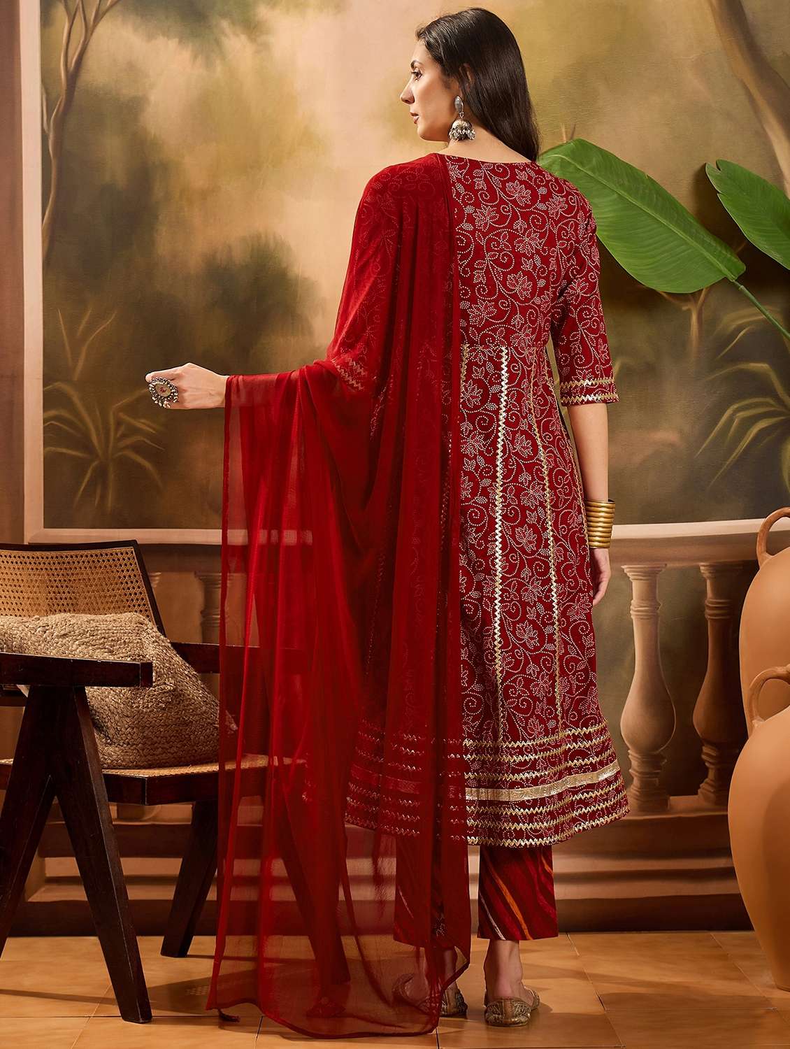women printed three quarter sleeve kurta pant with dupatta set - 22026294 - Standard Image - 2