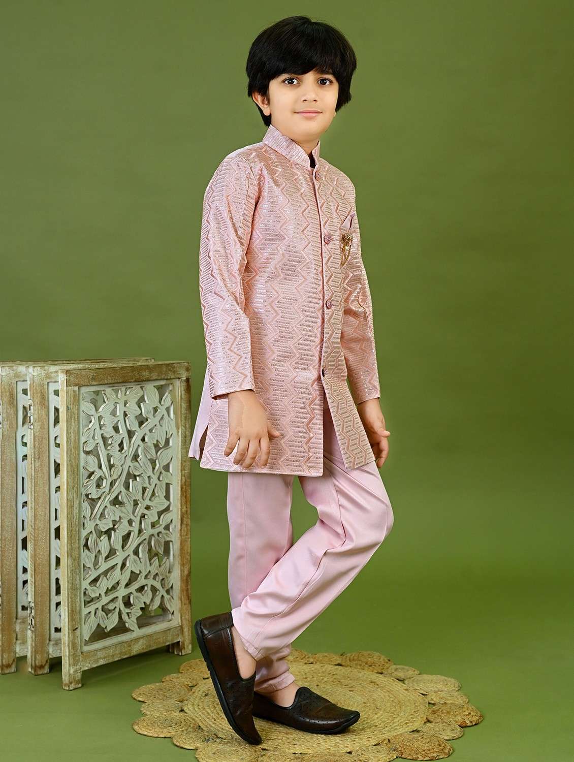 boys embroidered mandrain collar sherwani set - 22026296 -  Standard Image - 2