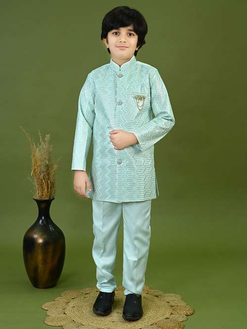 boys embroidered mandrain collar sherwani set - 22026297 - Standard Image - 0