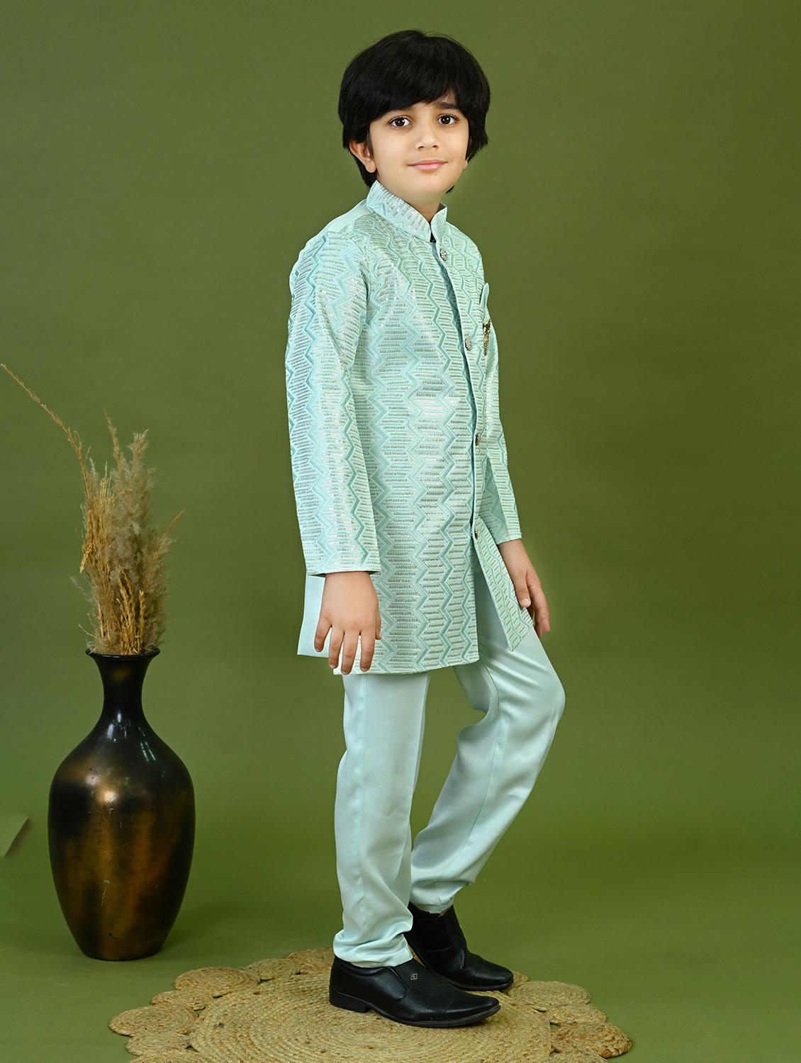 boys embroidered mandrain collar sherwani set - 22026297 - Standard Image - 2
