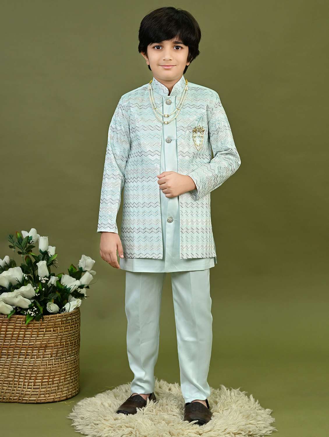 boys embroidered mandrain collar sherwani set
