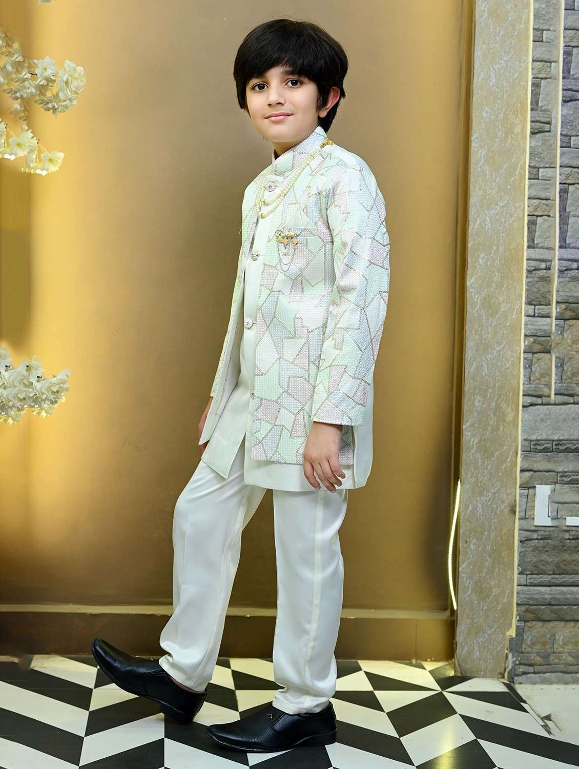 boys embroidered mandrain collar sherwani set - 22026311 - Standard Image - 2
