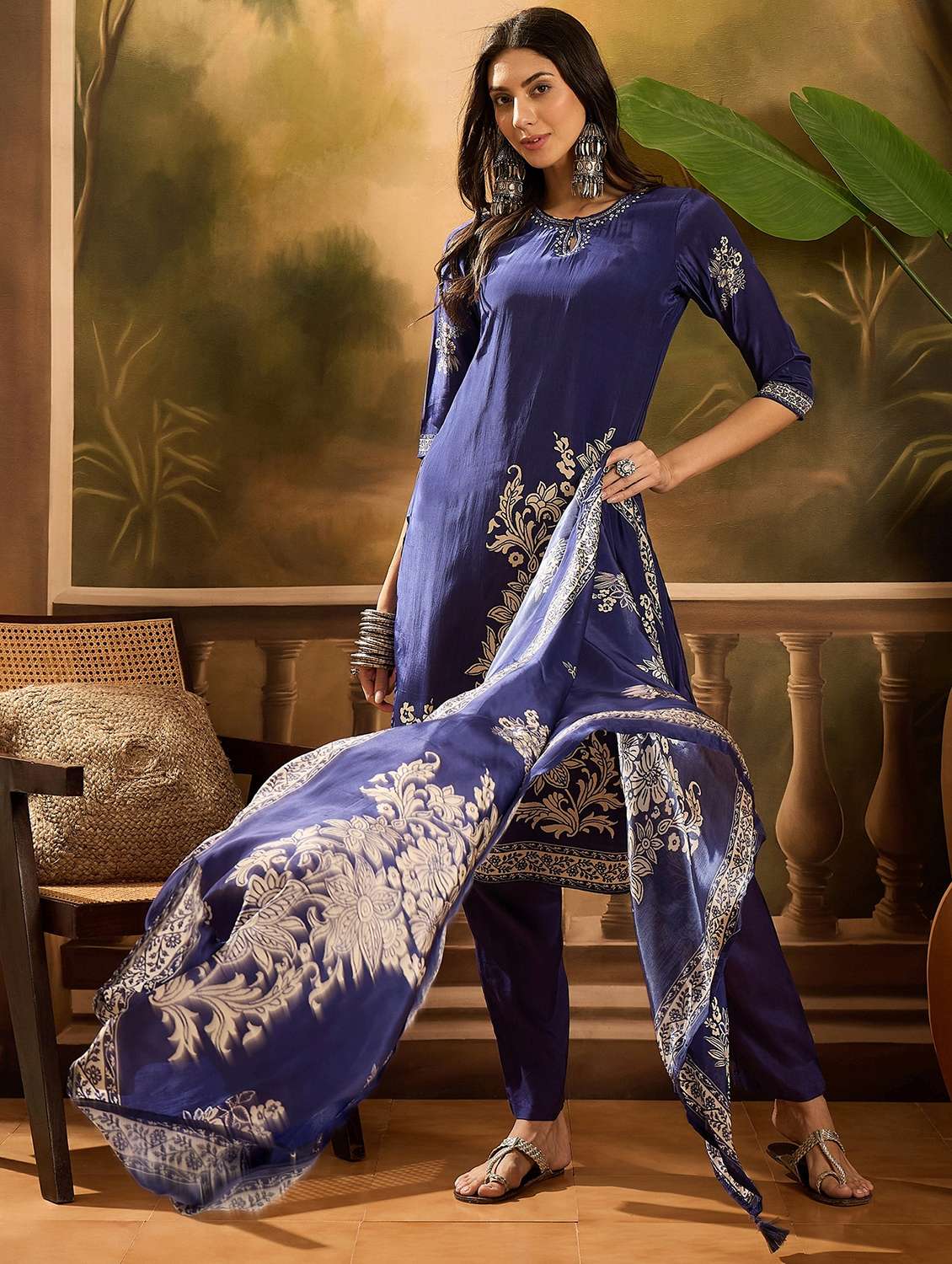 women floral printed three quarter sleeve kurta pant with dupatta set - 22026312 - Standard Image - 2