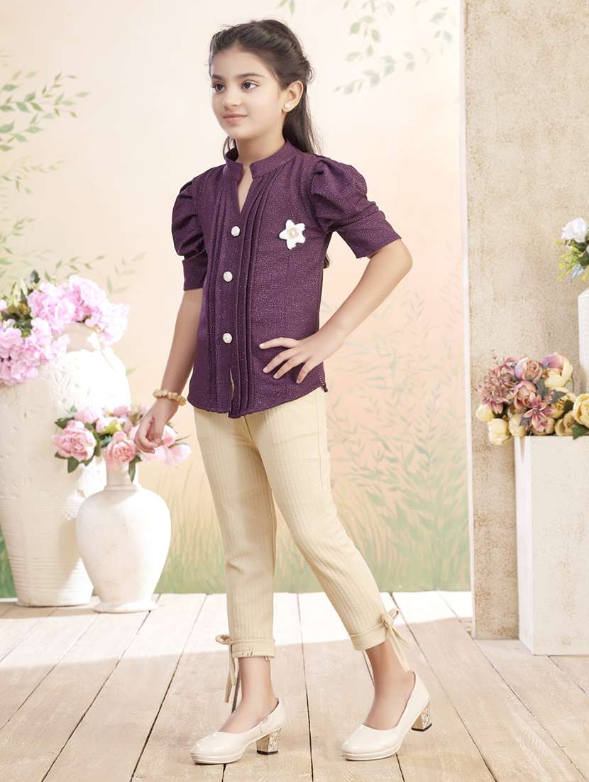 girls solid top & trouser co-ord set - 22026348 - Standard Image - 2