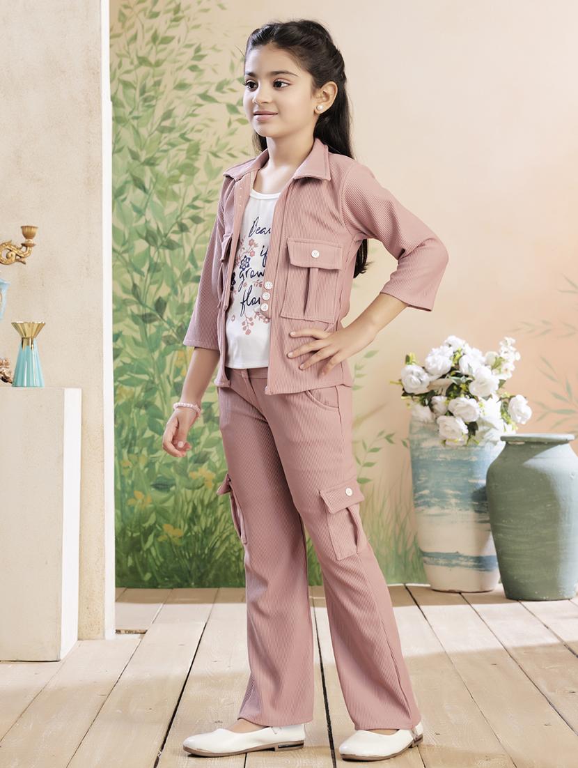 girls solid top & trouser co-ord set - 22026353 - Standard Image - 2