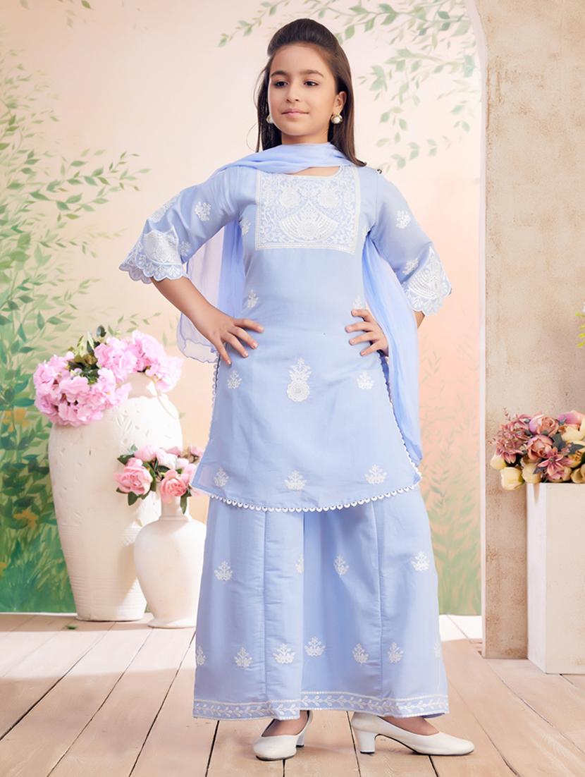 girls embroidered kurta palazzo set with dupatta