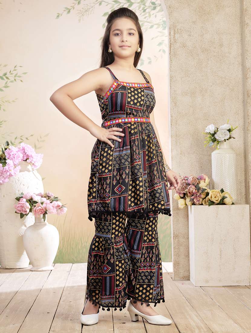 girls printed shoulder strap kurta and sharara set - 22026369 -  Standard Image - 2