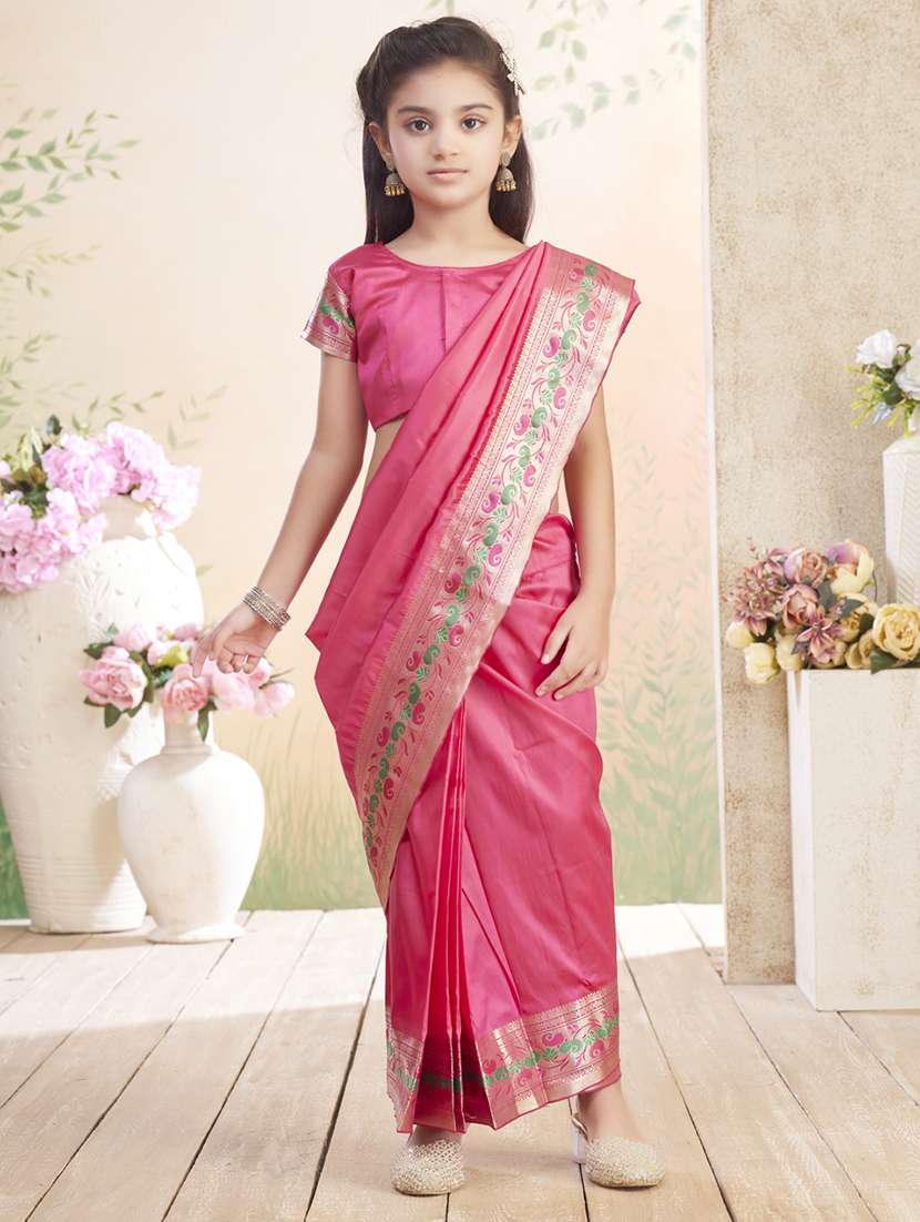 girls solid bordered ready to wear saree - 22026386 -  Standard Image - 2