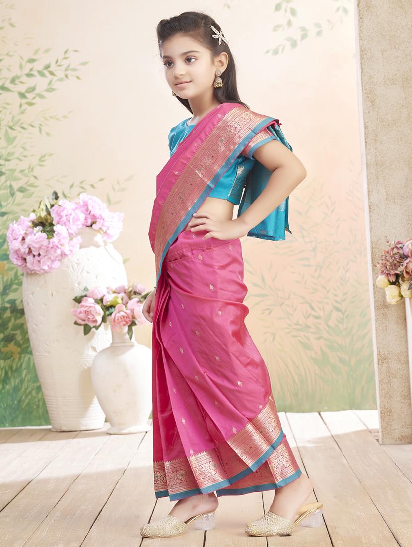 girls solid bordered ready to wear saree - 22026387 - Standard Image - 2