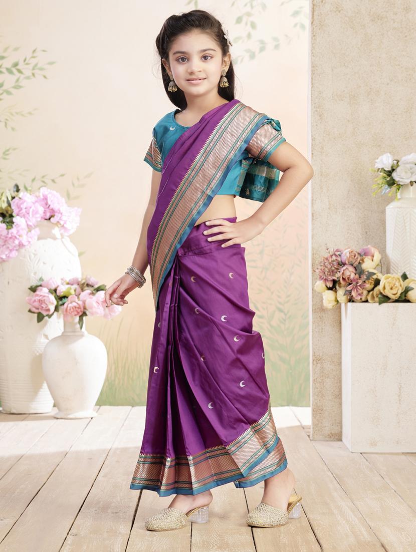 girls solid bordered ready to wear saree - 22026389 - Standard Image - 2