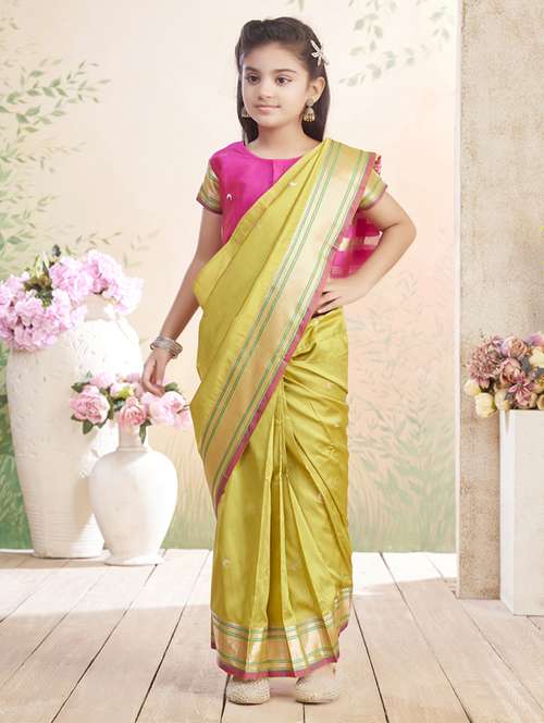 girls solid bordered ready to wear saree - 22026390 -  Standard Image - 0