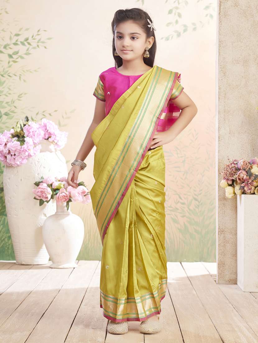 girls solid bordered ready to wear saree - 22026390 -  Zoom Image - 0