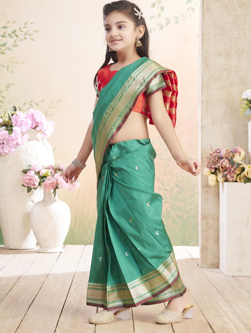 girls solid bordered ready to wear saree - 22026391 - Standard Image - 2