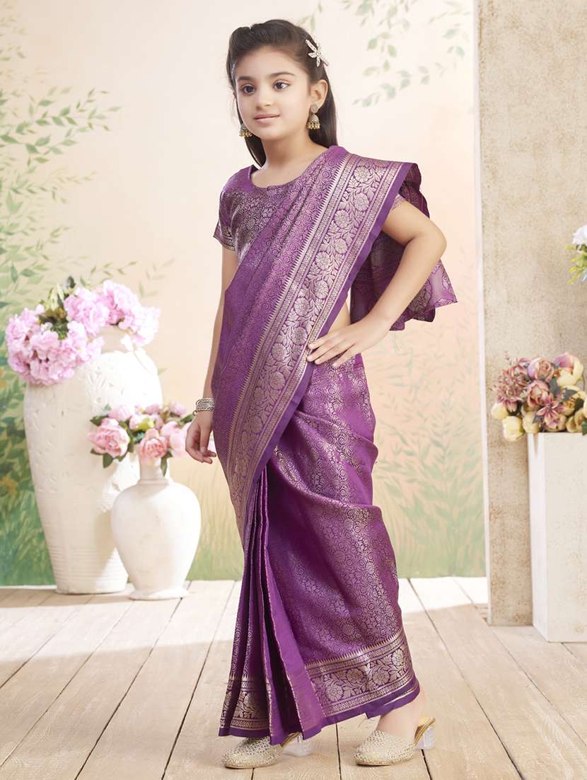 girls solid bordered ready to wear saree - 22026393 -  Standard Image - 2
