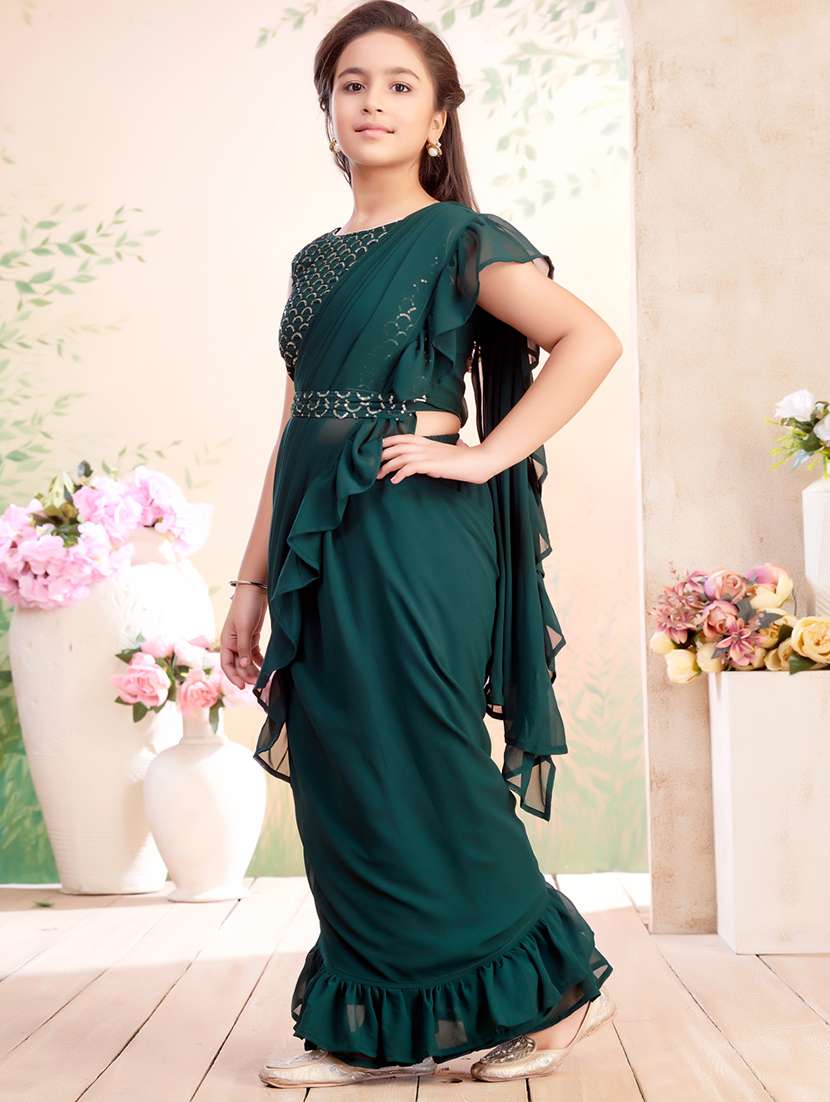 girls solid ruffled ready to wear fusion drape - 22026405 -  Standard Image - 2