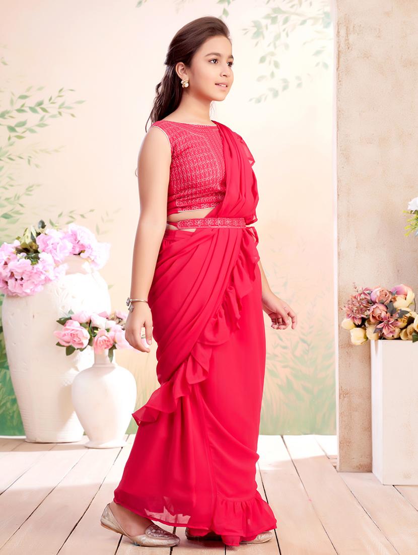 girls solid ruffled ready to wear saree - 22026409 - Standard Image - 2