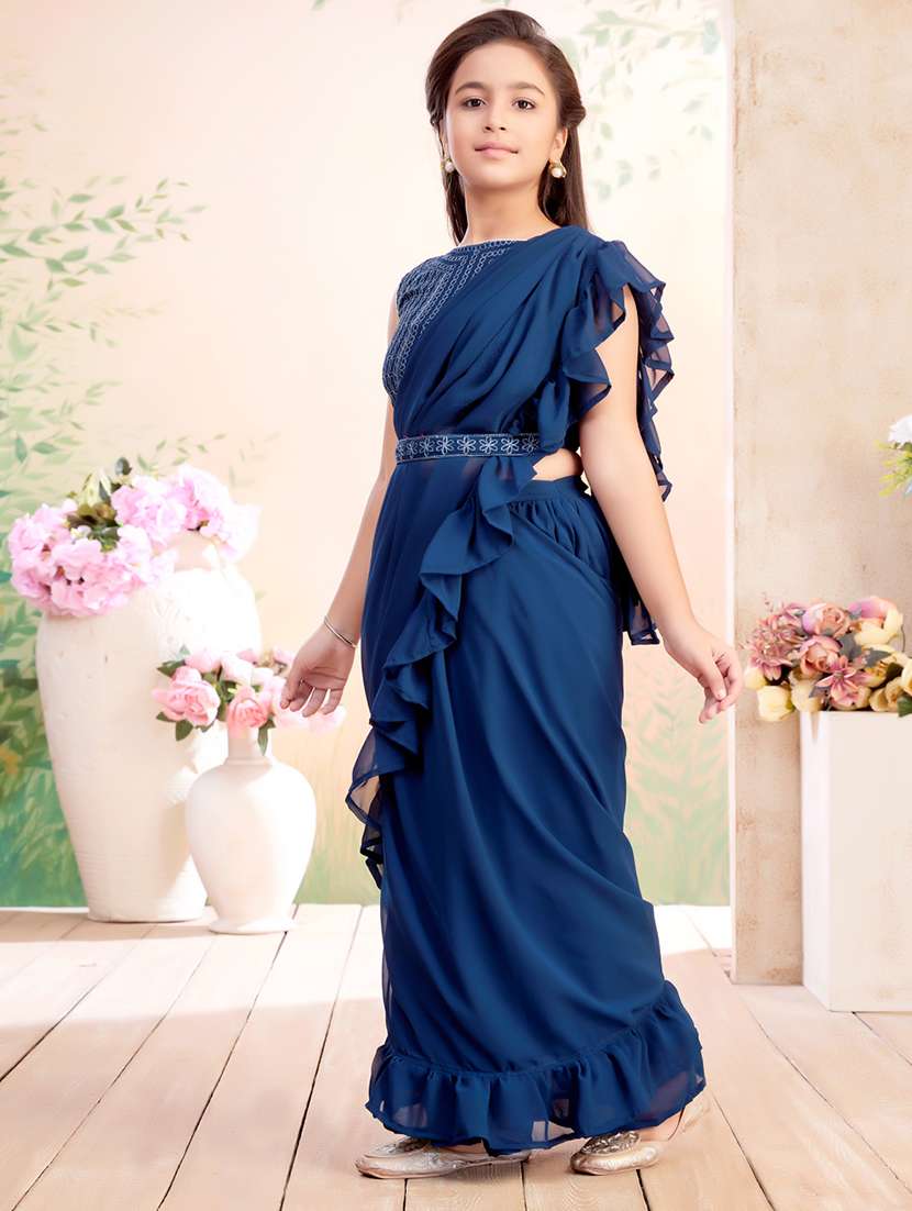 girls solid ruffled ready to wear fusion drape - 22026410 - Standard Image - 2