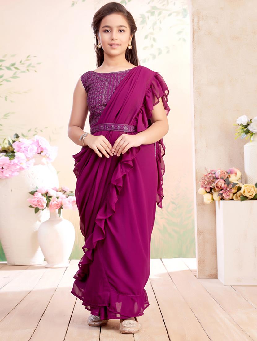 girls solid ruffled ready to wear saree - 22026411 - Zoom Image - 0