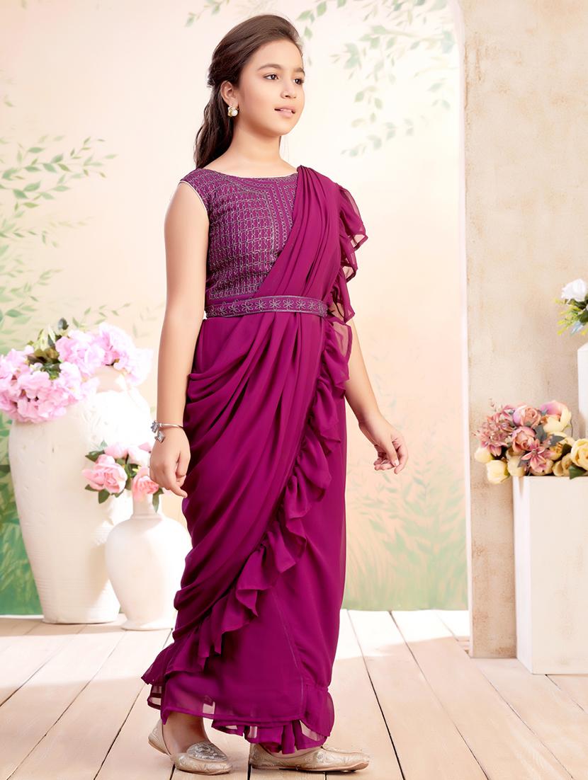 girls solid ruffled ready to wear saree - 22026411 - Standard Image - 2