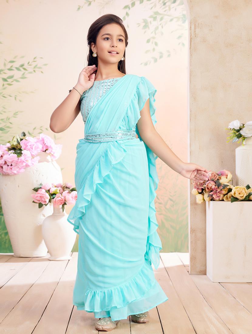 girls solid ruffled ready to wear saree - 22026412 - Zoom Image - 0