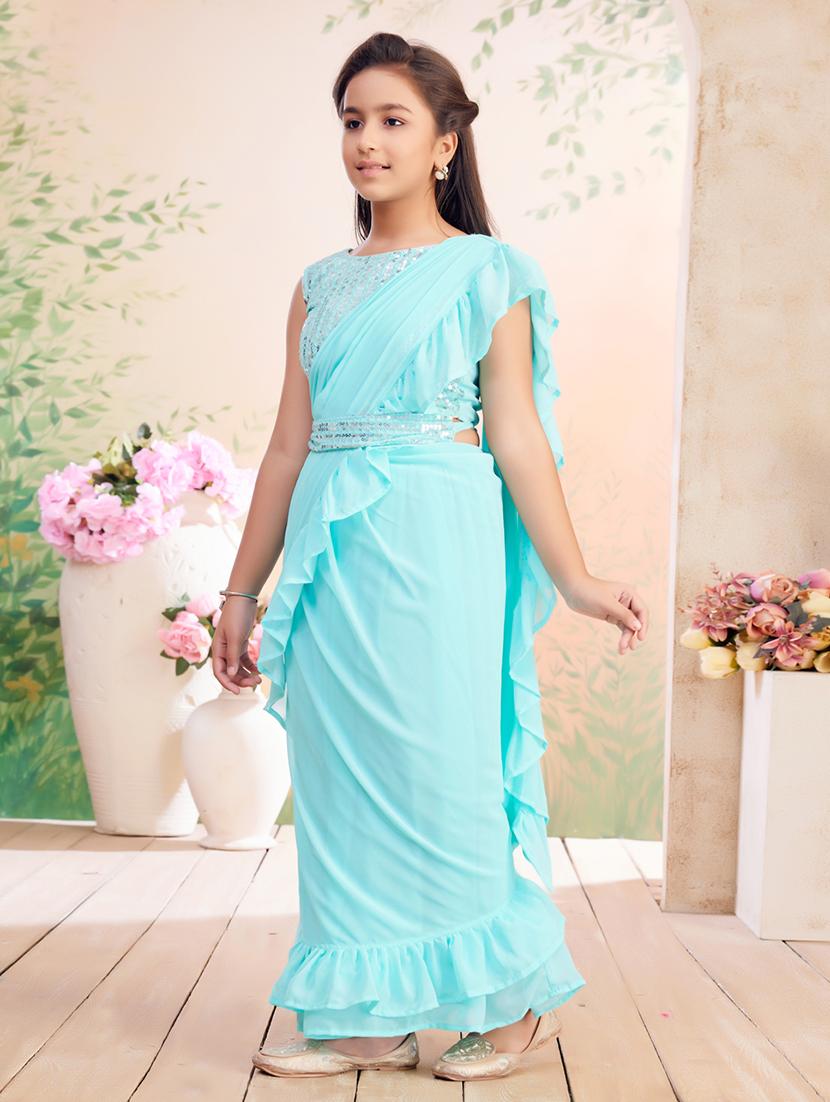 girls solid ruffled ready to wear saree - 22026412 - Standard Image - 2