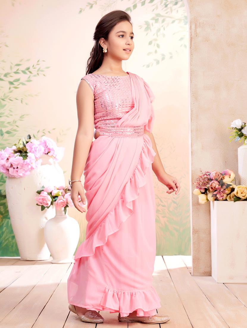 girls solid ruffled ready to wear saree - 22026413 - Standard Image - 2