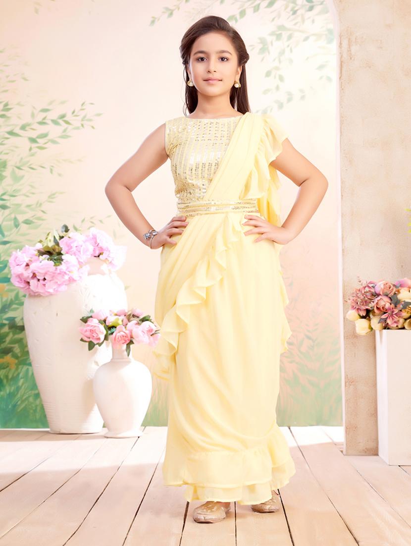 girls solid ruffled ready to wear saree - 22026414 - Zoom Image - 0