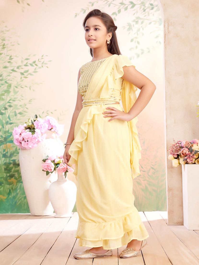 girls solid ruffled ready to wear saree - 22026414 - Standard Image - 2