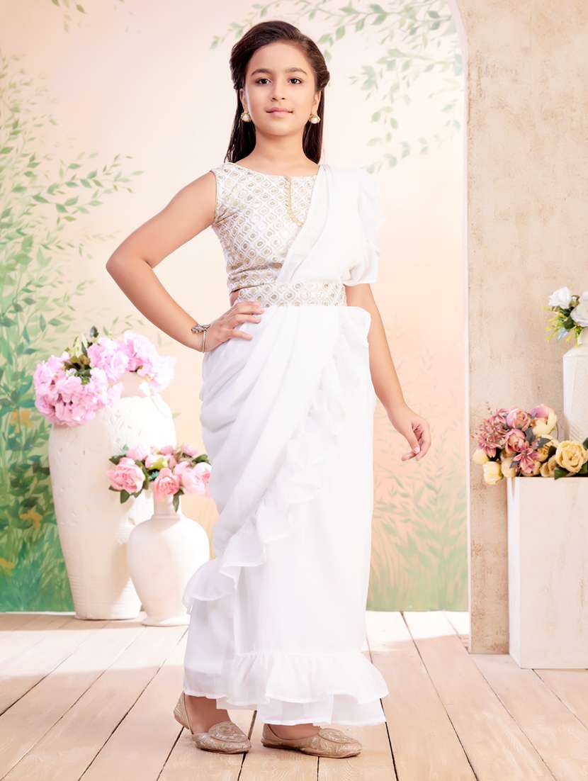 girls solid ruffled ready to wear fusion drape - 22026415 - Standard Image - 2